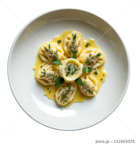 Gourmet handmade pasta, morel mushroom tortellini with creamy butter sauce, savory and elegant culinary dish Gourmet handmade pasta, morel mushroom tortellini with creamy butter sauce, savory and elegant culinary dish 132603078