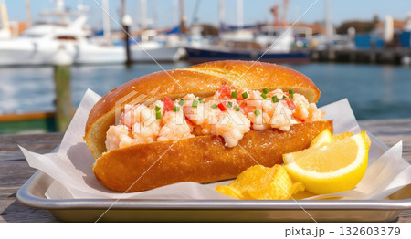 Delicious lobster roll seafood sandwich in buttered brioche bun with chive, classic New England summer meal 132603379