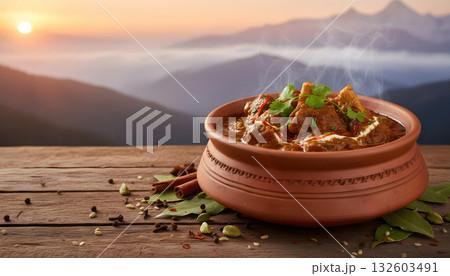 Aromatic Lamb Rogan Josh, traditional Kashmiri curry. Delicious spicy food in warm inviting mountain setting Aromatic Lamb Rogan Josh, traditional Kashmiri curry. Delicious spicy food in warm inviting mountain setting 132603491