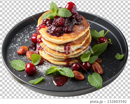 pancakes with berries and honey 132603592