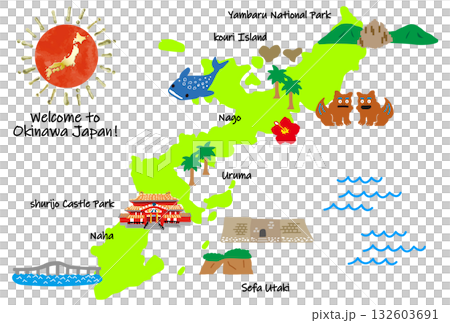 Hand drawn Okinawa prefecture tourist destination illustration map flat color 132603691
