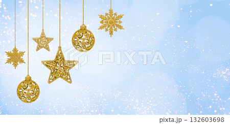 Christmas tree baubles on blue background with white snow and golden lights. Festive winter holiday background. Design with copy space for greeting card, text, advertising, banner, invitation Christmas tree baubles on blue background with white snow and golden lights. Festive winter holiday background. Design with copy space for greeting card, text, advertising, banner, invitation 132603698