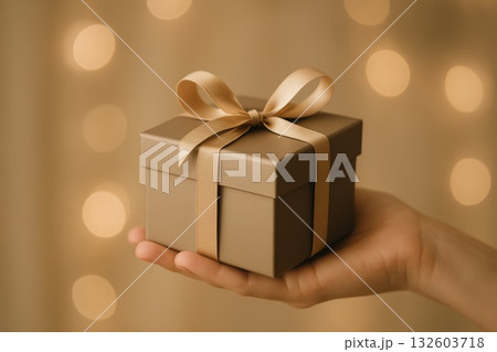 Hand holding elegant gift box with ribbon on bokeh background perfect for celebrations holidays or special occasions. 132603718