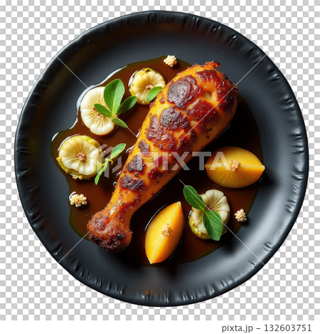 Delicious roasted quail leg confit with quince jus. An elegant gourmet meal for fine dining on dark plate 132603751