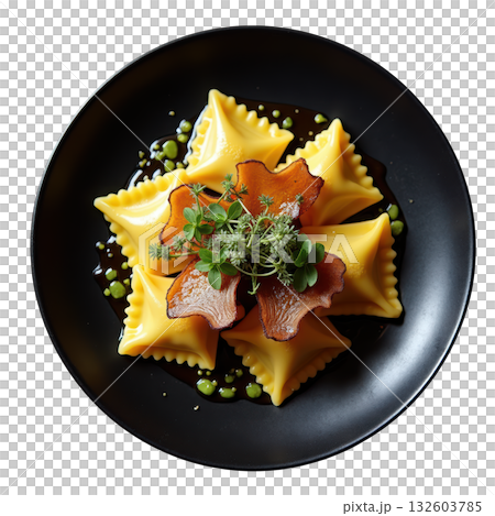 Appetizing gourmet duck ravioli pasta dish. Savory food prepared for delicious fine dining dinner experience Appetizing gourmet duck ravioli pasta dish. Savory food prepared for delicious fine dining dinner experience 132603785