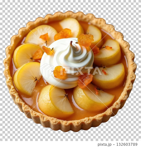 Inviting pear and ginger tart dessert with sweet cream. This golden pastry holds poached fruit slice in glaze 132603789