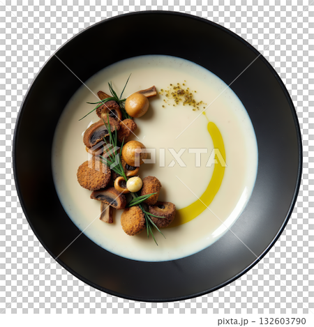 Gourmet mushroom cream soup appetizer. warm food dish in black bowl offering comforting, savory experience 132603790