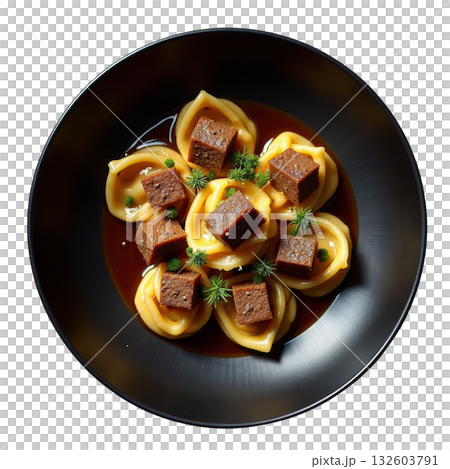 Savory braised oxtail tortellini, handmade pasta in rich beef consomme, an elegant gourmet food presentation 132603791