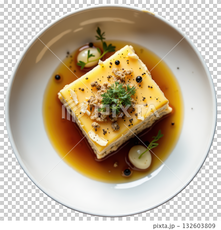 Appetizing roasted salsify terrine appetizer with smoked gouda and caramelized shallot, an elegant gourmet dish 132603809