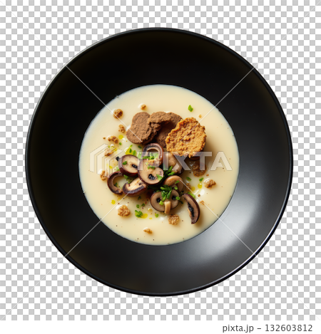 Gourmet mushroom soup, creamy veloute with truffle and chive in dark bowl for comforting and elegant meal 132603812