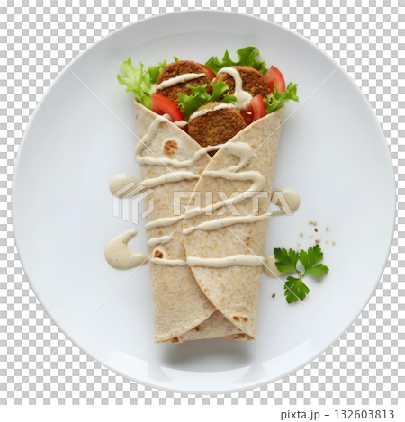 Delicious vegetarian falafel wrap with lettuce, tomato, and tahini sauce on white plate, fresh healthy meal Delicious vegetarian falafel wrap with lettuce, tomato, and tahini sauce on white plate, fresh healthy meal 132603813