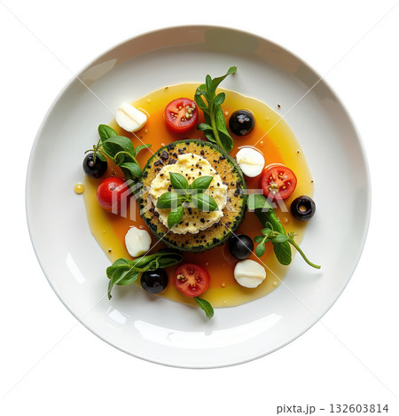 Delicious gourmet Romanesco terrine with herbed mascarpone, fresh cherry tomato, olive, and basil seed oil 132603814