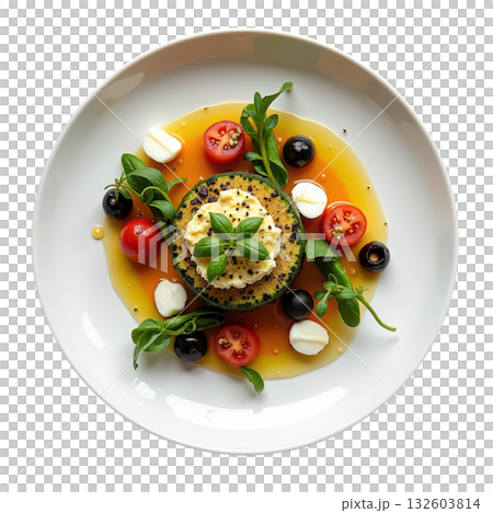 Delicious gourmet Romanesco terrine with herbed mascarpone, fresh cherry tomato, olive, and basil seed oil 132603814