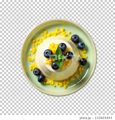 Refreshing panna cotta dessert with fresh blueberry, lemon zest, and mint. gourmet verbena infused sweet dish 132603843