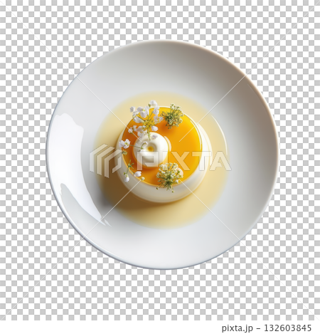 Delicate elderflower gelee dessert with smooth vanilla cream and sweet honey. truly elegant gourmet presentation Delicate elderflower gelee dessert with smooth vanilla cream and sweet honey. truly elegant gourmet presentation 132603845