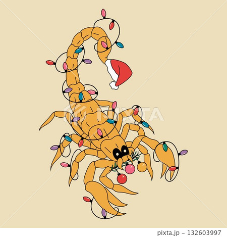 A cartoon scorpion wearing a Santa hat and holding Christmas lights 132603997