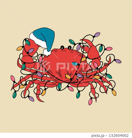 A crab wearing a Santa hat and holding Christmas lights	 132604002