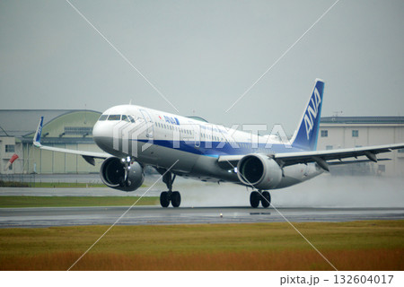 雨の日に離陸する旅客機 132604017