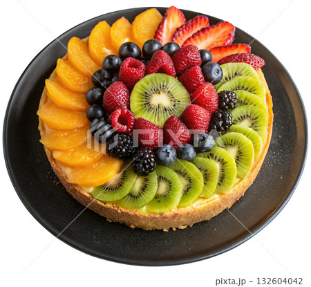 fresh fruit cake on a black plate fresh fruit cake on a black plate 132604042