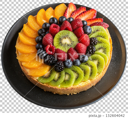 fresh fruit cake on a black plate fresh fruit cake on a black plate 132604042
