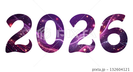 Abstract 2026 year numbers design with glowing purple cosmic backdrop on transparent or white background, stars and light trails for future concepts 132604121