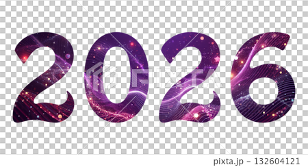 Abstract 2026 year numbers design with glowing purple cosmic backdrop on transparent or white background, stars and light trails for future concepts 132604121