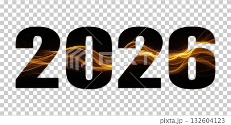 Futuristic 2026 year numbers design with glowing golden waves and light trails on transparent or white background for technology, innovation and celebration themes 132604123