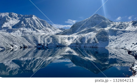 鏡のような池に映る雪山の風景 132604213
