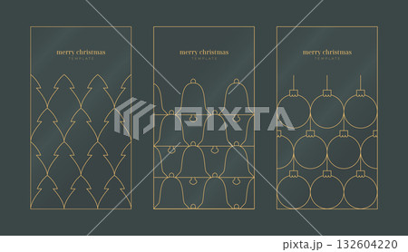 Luxury minimalist line Merry Christmas, Happy New year banner, poster, card, invitation templates set. simple monochrome geometric pattern with ball, bell, Christmas tree ornamental vector design. 132604220