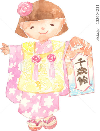 七五三 着物姿の千歳飴を持つ女の子のイラスト ベクター 七五三 着物姿の千歳飴を持つ女の子のイラスト ベクター 132604231