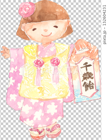 七五三 着物姿の千歳飴を持つ女の子のイラスト ベクター 七五三 着物姿の千歳飴を持つ女の子のイラスト ベクター 132604231