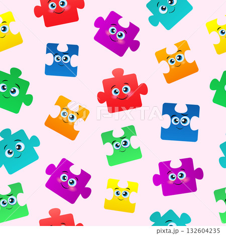 Abstract Puzzle seamless pattern. Repeating image for printing for children. Cute pictures, poser or banner for website. Positivity and optimism emoticons. Cartoon flat vector illustration 132604235