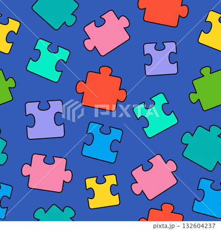 Seamless background composed of puzzle pieces. Seamless bright background with puzzles. For textiles, prints, wrapping paper. 132604237