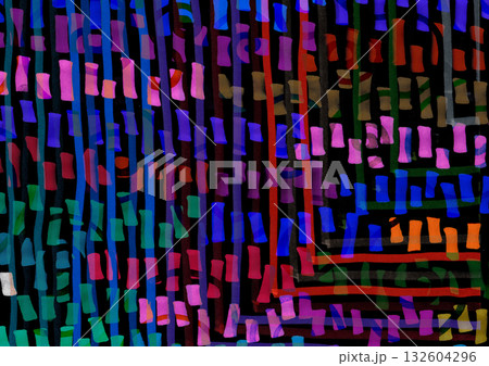 ナイトクラブやサイバーパンクな手描きパターン・ネオンカラーの重ね書き抽象テクスチャ背景 ナイトクラブやサイバーパンクな手描きパターン・ネオンカラーの重ね書き抽象テクスチャ背景 132604296