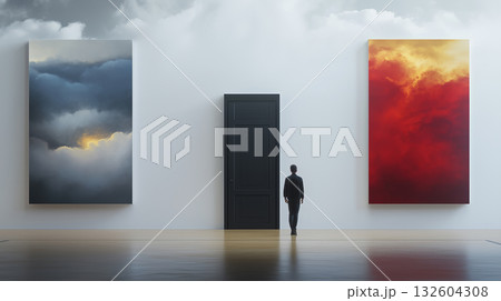 A man in a large space with paintings on the walls stands in front of a closed door 132604308