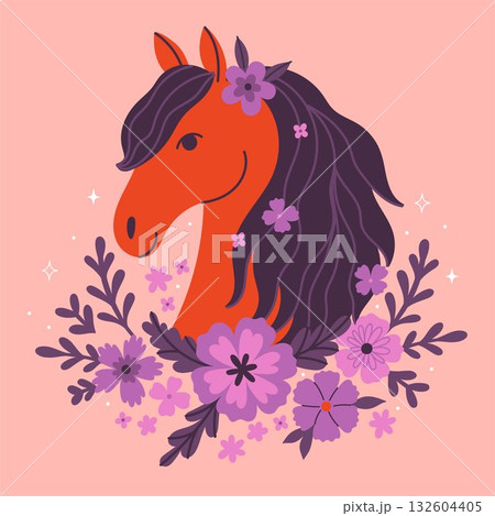Portrait of a horse and purple flowers on a beige background. graphics. 132604405