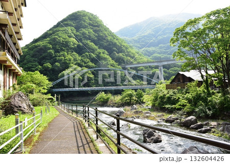 日光市川治温泉 男鹿川沿い遊歩道と山並み 日光市川治温泉 男鹿川沿い遊歩道と山並み 132604426