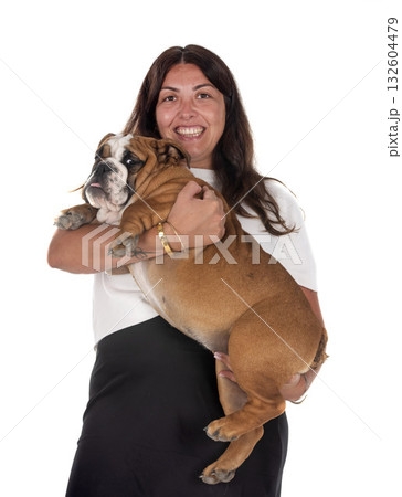 english bulldog and woman in studio english bulldog and woman in studio 132604479