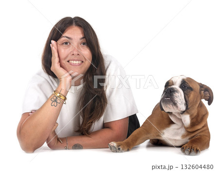english bulldog and woman in studio english bulldog and woman in studio 132604480