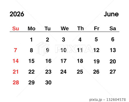 June 2026 year calendar layout with dates, weeks and days of the week, minimalist clean design. June 2026 year calendar layout with dates, weeks and days of the week, minimalist clean design. 132604578