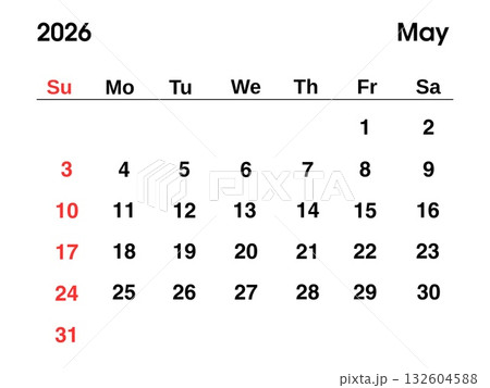 Calendar for May 2026 year with Sundays highlighted in red, clear layout and modern design. Calendar for May 2026 year with Sundays highlighted in red, clear layout and modern design. 132604588