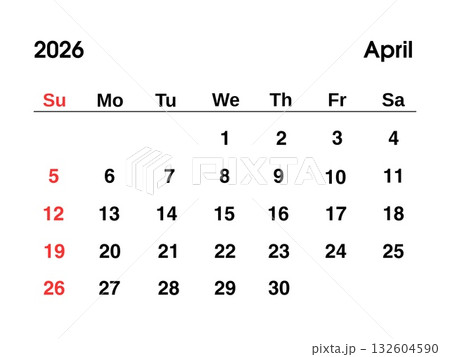 Calendar for April 2026 year, with highlighted Sundays, minimalist design, clear typography and organized layout. 132604590
