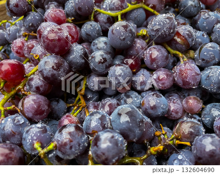 Ripe black grapes with water drops close-up on the fruits. Macro Ripe black grapes with water drops close-up on the fruits. Macro 132604690