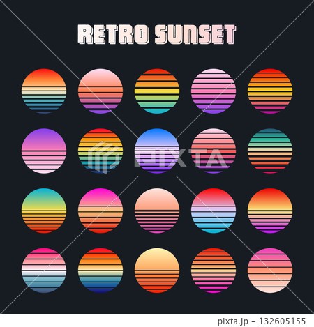 Vintage colorful sunset. Striped gradient sunrise badges in 80s and 90s style. Sun and ocean view, summer vibes, surfing. Design element for print, logo or t-shirt. Vector illustration 132605155