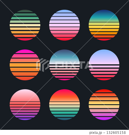Vintage colorful sunset. Striped gradient sunrise badges in 80s and 90s style. Sun and ocean view, summer vibes, surfing. Design element for print, logo or t-shirt. Vector illustration 132605158