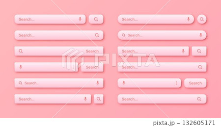 Colorful 3d search bar templates. Internet browser engine with search box, address bar and text field. UI design, website interface element with web icons and push button. Vector illustration 132605171