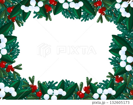 Pine Branch Border with Red and White Berries 132605173