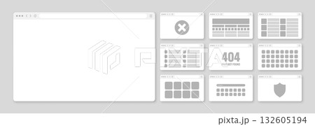 Web browser window, pages layout with toolbar and search field. Modern website, internet page in flat style. Browser mockup for computer, tablet and smartphone. Adaptive UI. Vector illustration 132605194