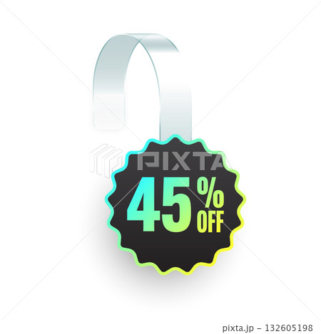 Supermarket promotional wobblers. Realistic white wobbler template for shelf advertising, 45 percent off discount. Sale label with ad text. Special offer price tag. Vector illustration Supermarket promotional wobblers. Realistic white wobbler template for shelf advertising, 45 percent off discount. Sale label with ad text. Special offer price tag. Vector illustration 132605198
