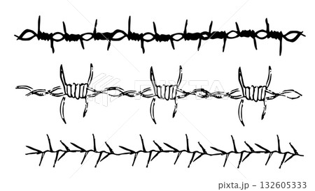 Thorn stem vine plant doodle with spikes simple border y2k creepy branch set. Barbed wire tattoo. Boundary divider,border 132605333